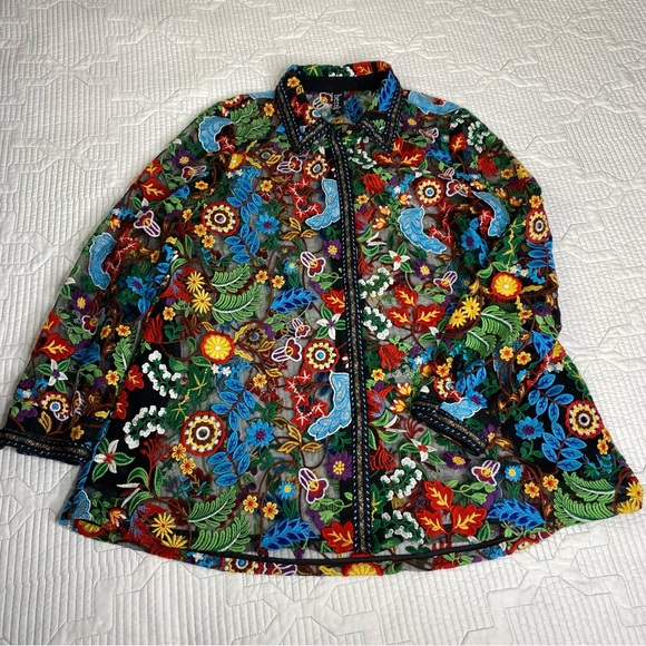 BEREK Petite L Floral Embroidered Black Mesh Button Down Shirt Blouse *flaw - Picture 2 of 14